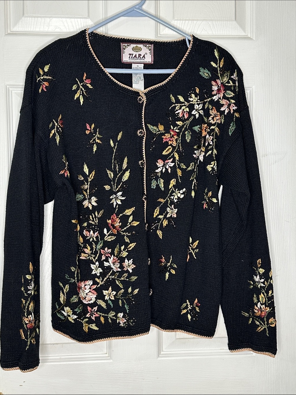 Tiara Black Floral Embroidered Button-Up Cardigan